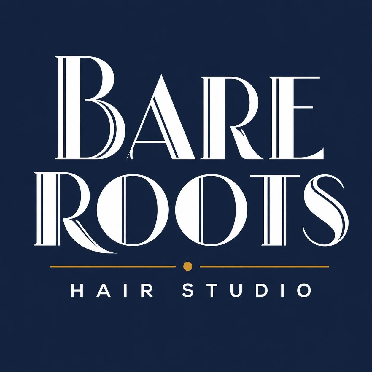 Bare Roots Hair Studio logo with navy background and white text.