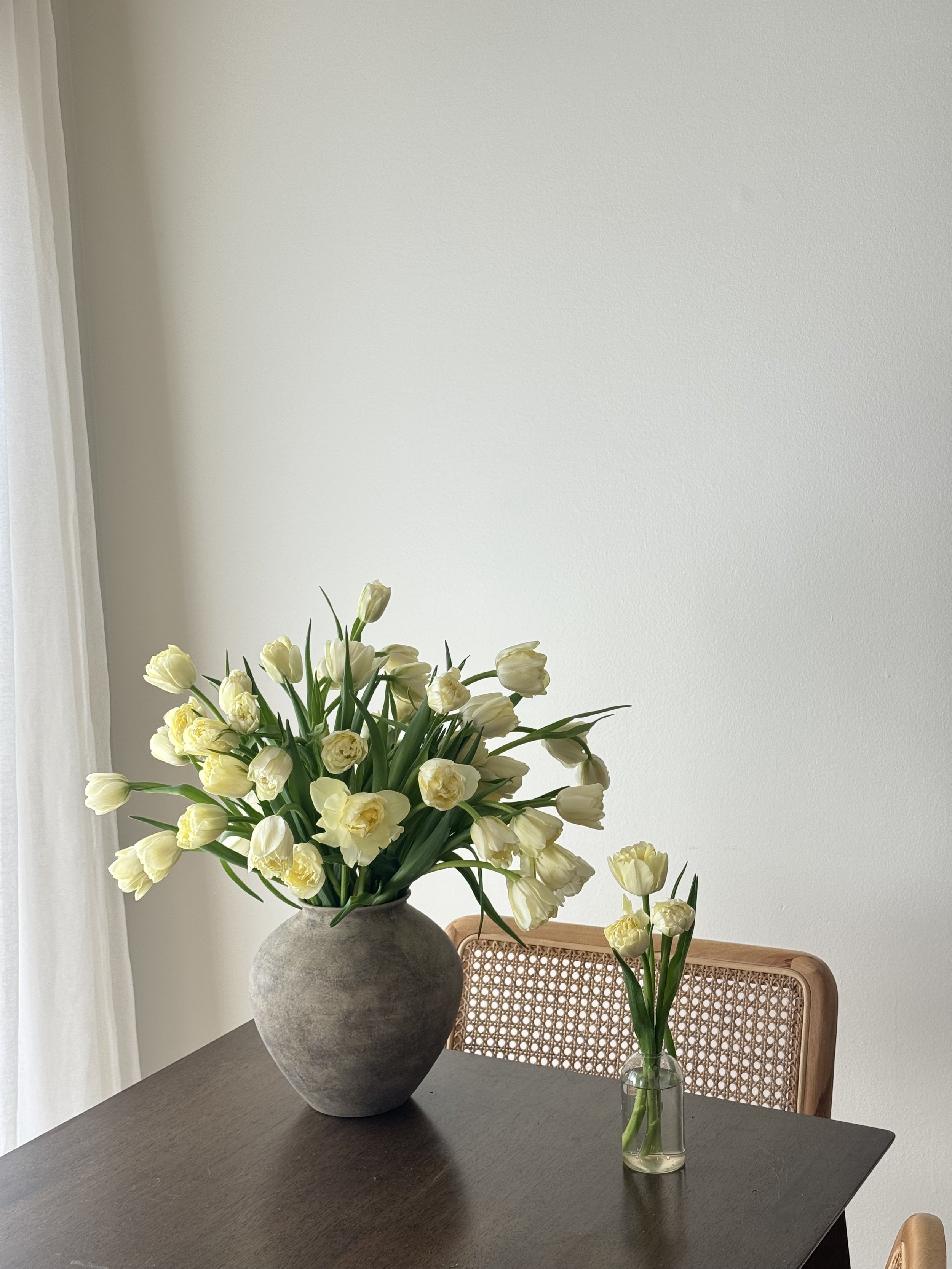 Vase filled with white and yellow tulips on a dark wooden table, with a chair with a cane backrest behind it, and a plain white wall in the background.