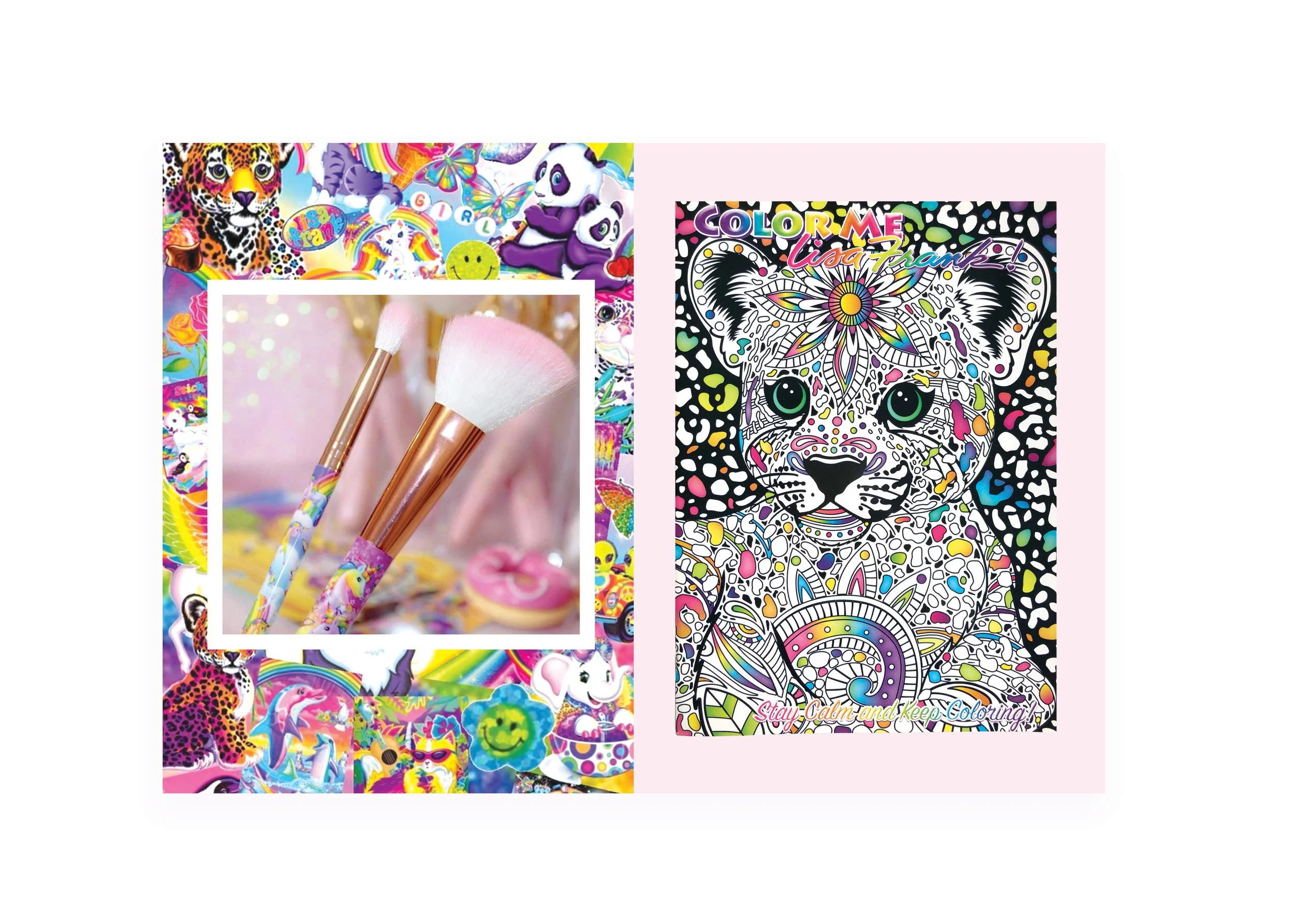 Colorful collage of stickers featuring animals, rainbows, and cartoon characters, with an inset of makeup brushes, and a black-and-white coloring book page of a tiger with the text "Stay Calm and Keep Coloring"