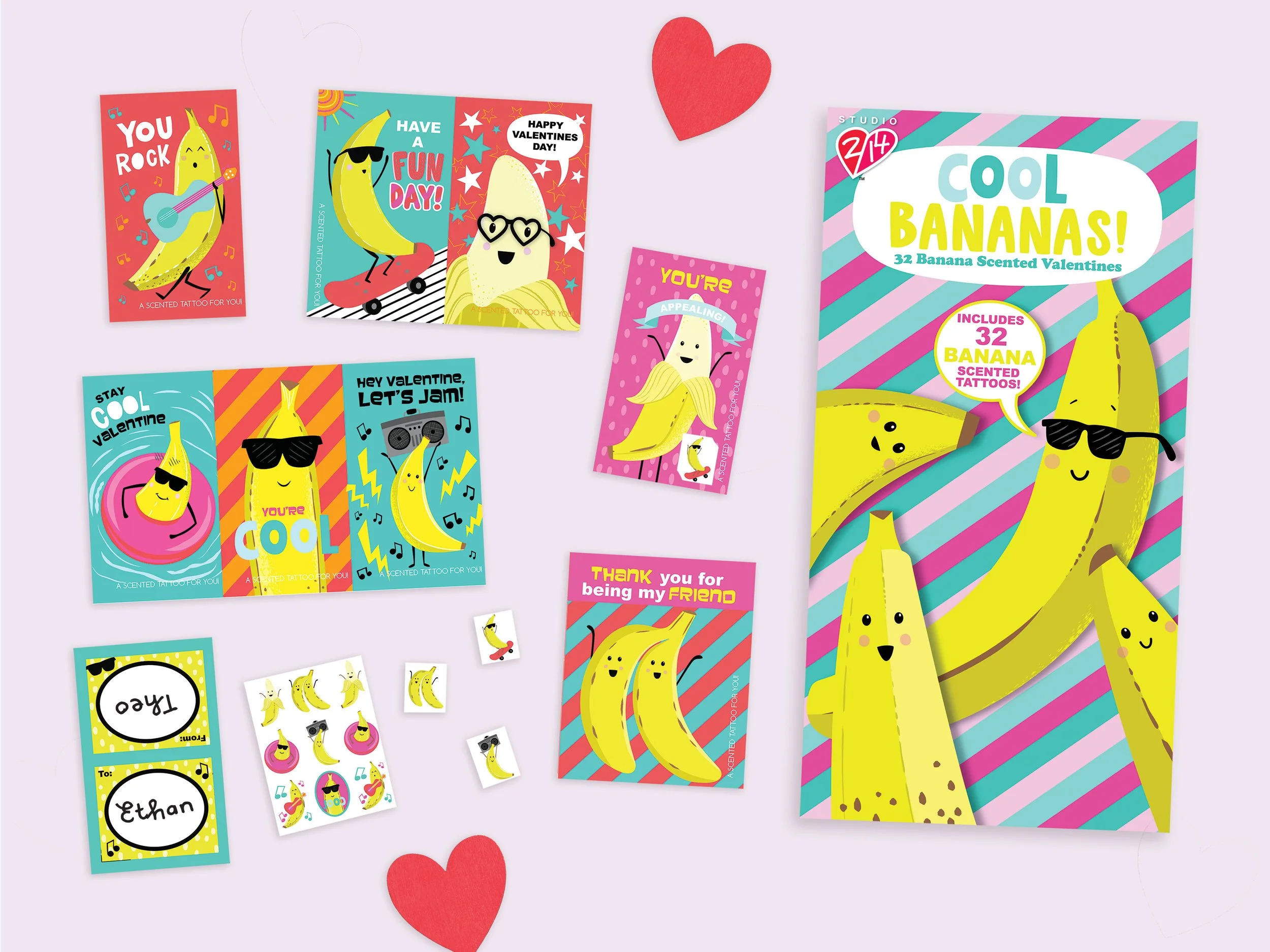 Colorful Valentine's Day cards and stickers featuring bananas with sunglasses, guitars, and skateboards, decorated with hearts and cheerful text.