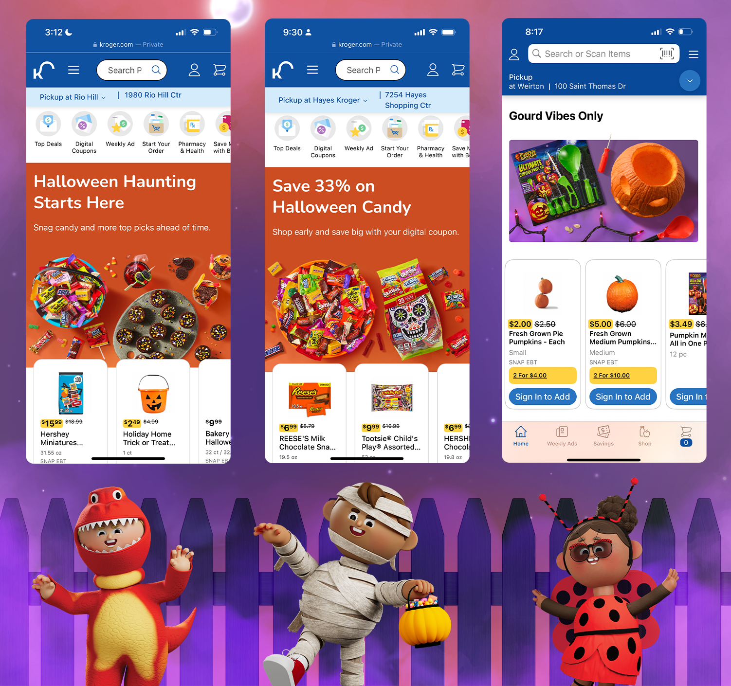 Screenshots of a mobile shopping app displaying Halloween-themed promotions, including candy offers and Halloween pumpkins, with colorful cartoon children in costumes below.