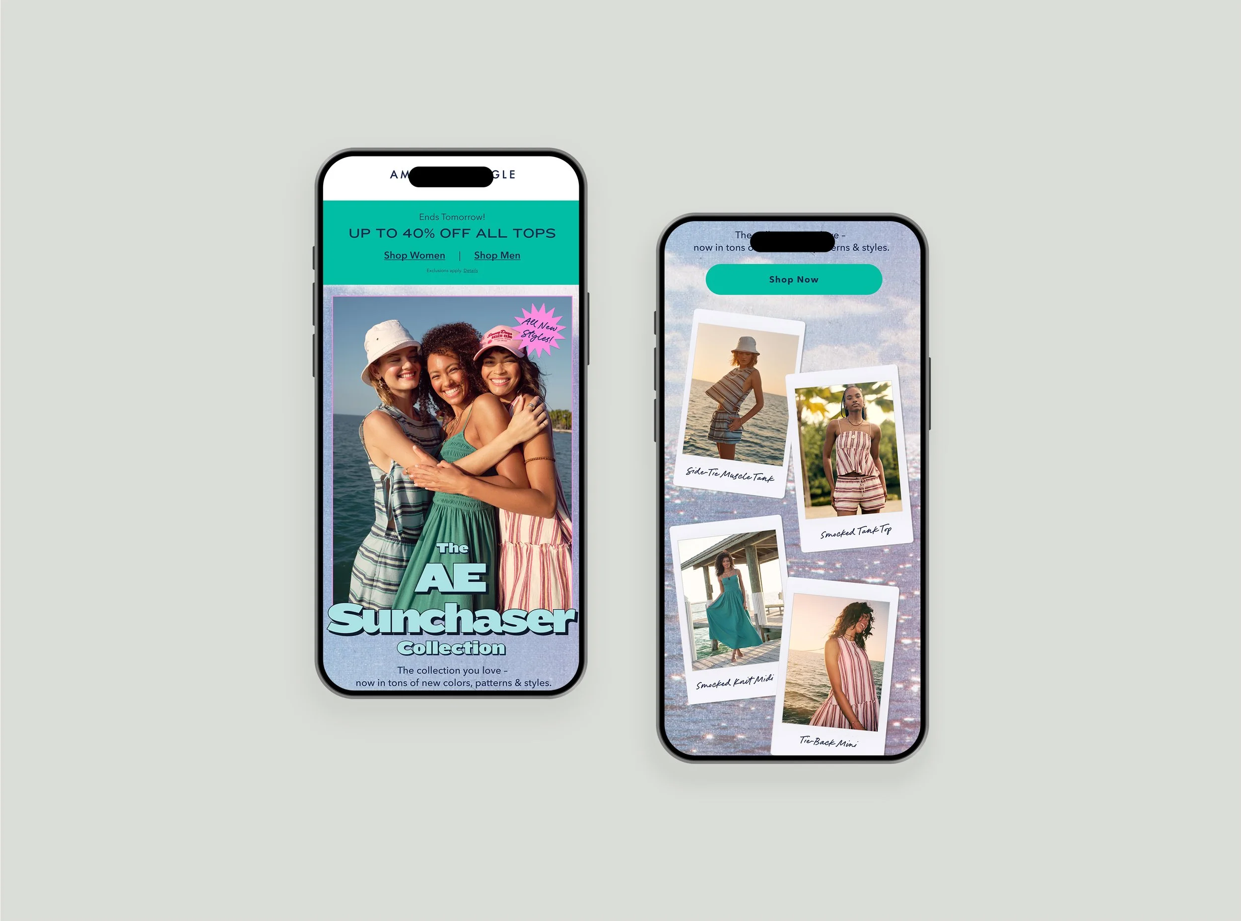 Two smartphones showcasing a summer fashion collection app with models in striped and solid-colored summer outfits, beach photos, and promotional offers.