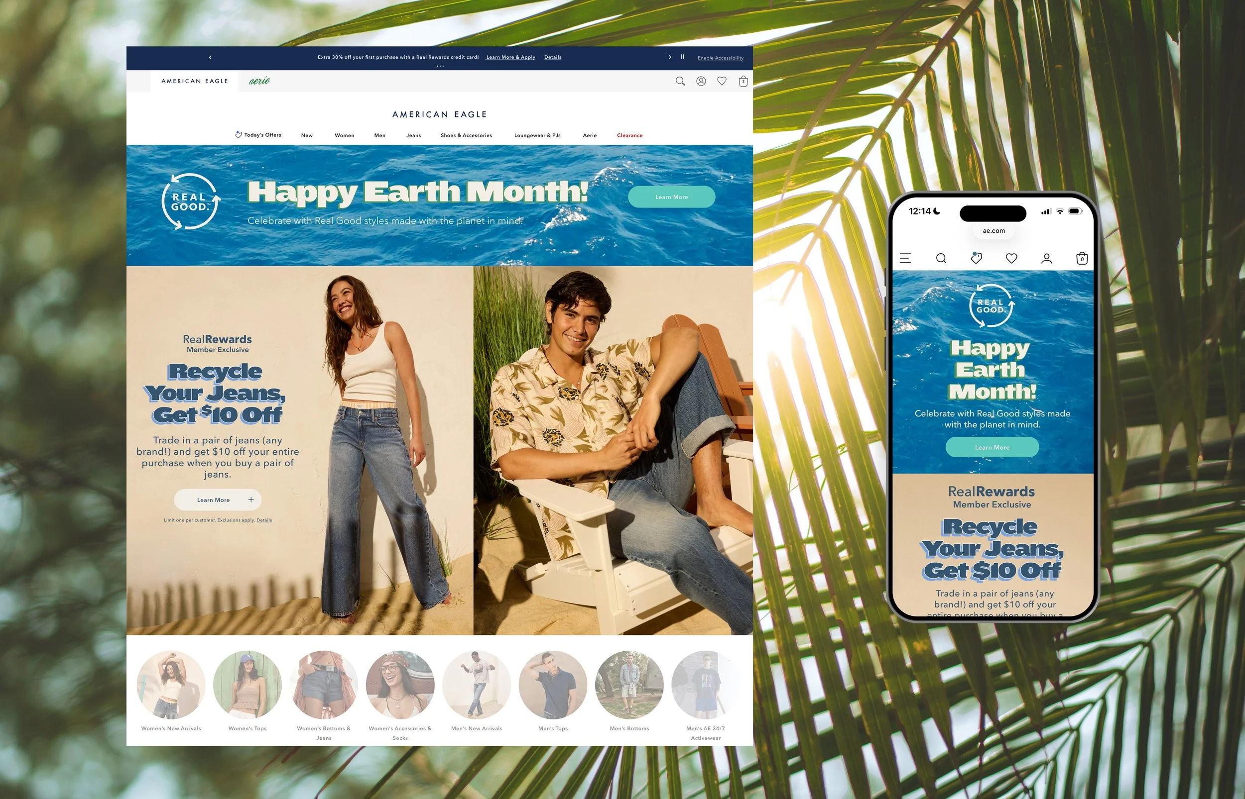 Screenshot of a retail website celebrating Earth Month, with promotional banners, models wearing denim, and various clothing categories displayed at the bottom.