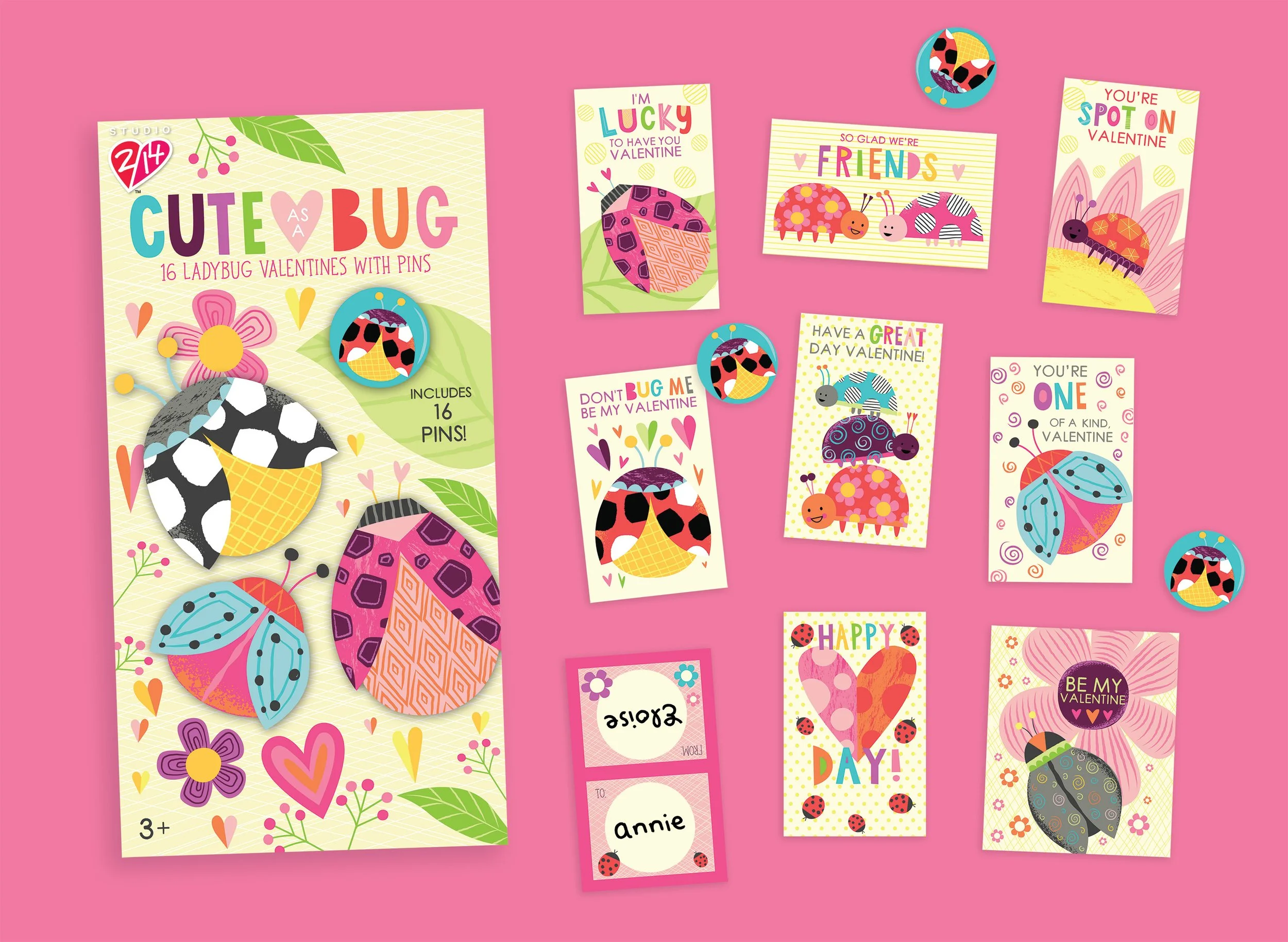A collection of colorful Valentine's Day cards with ladybug and insect themes, displayed on a pink background.