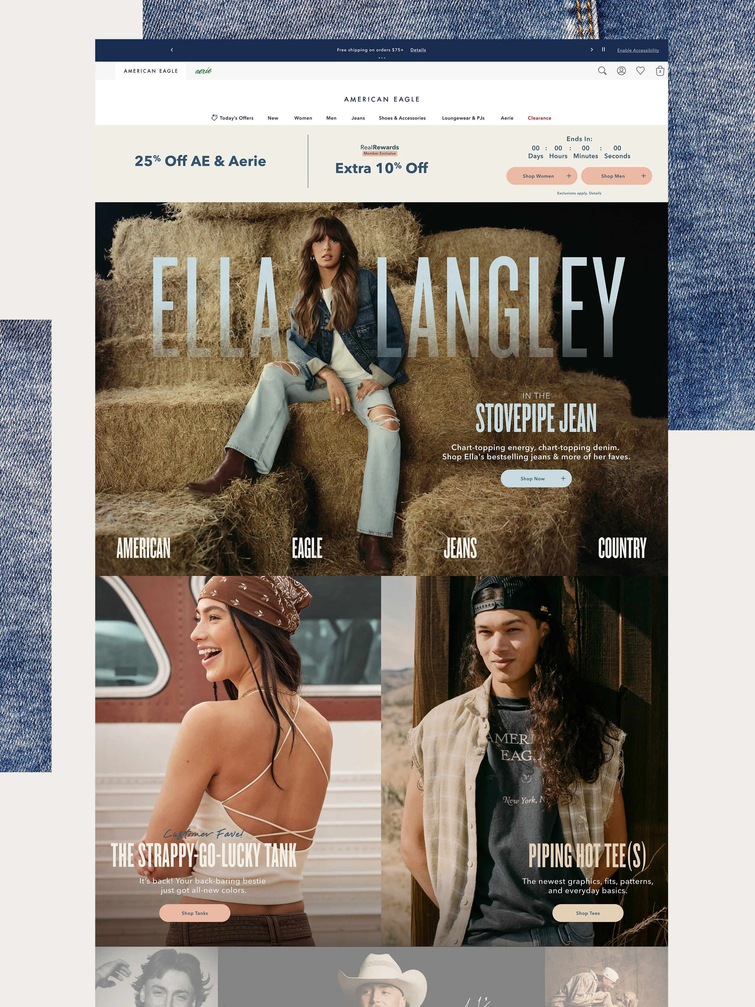 American Eagle website homepage featuring fashion models and clothing categories such as jeans, tanks, and tees with promotional offers and a countdown timer for sales.