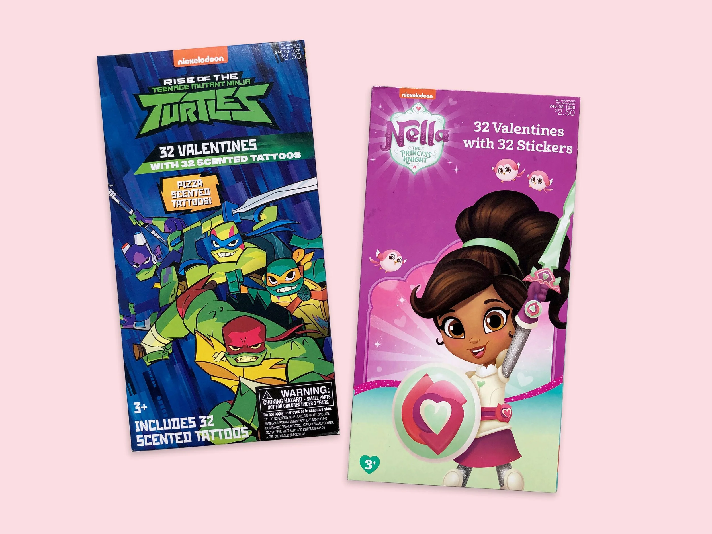 Two boxes of kids' Valentine sticker and tattoo packs on a pink background. One features Teenage Mutant Ninja Turtles and the other features a princess character with a heart-shaped shield.