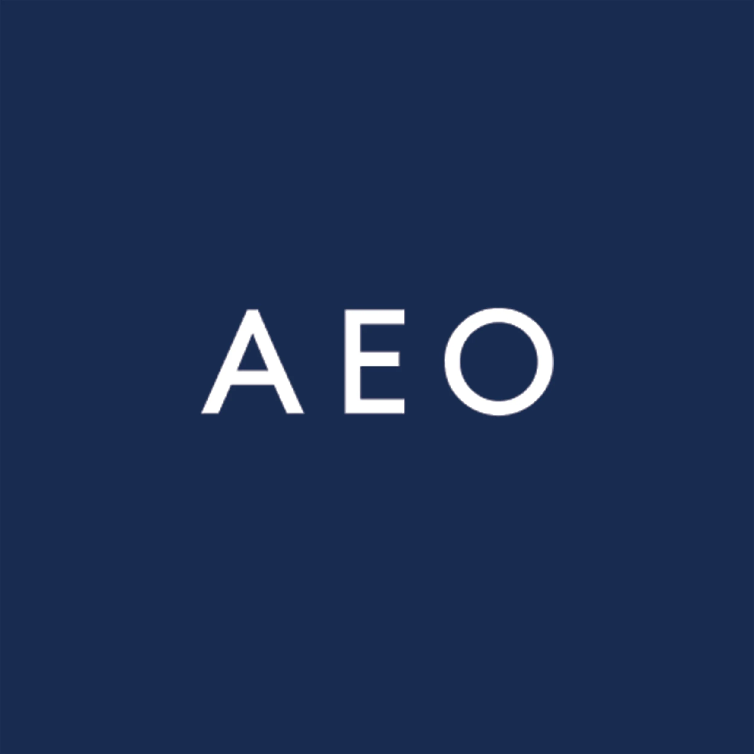 A logo with a dark blue background, featuring white text that reads 'AEO'.