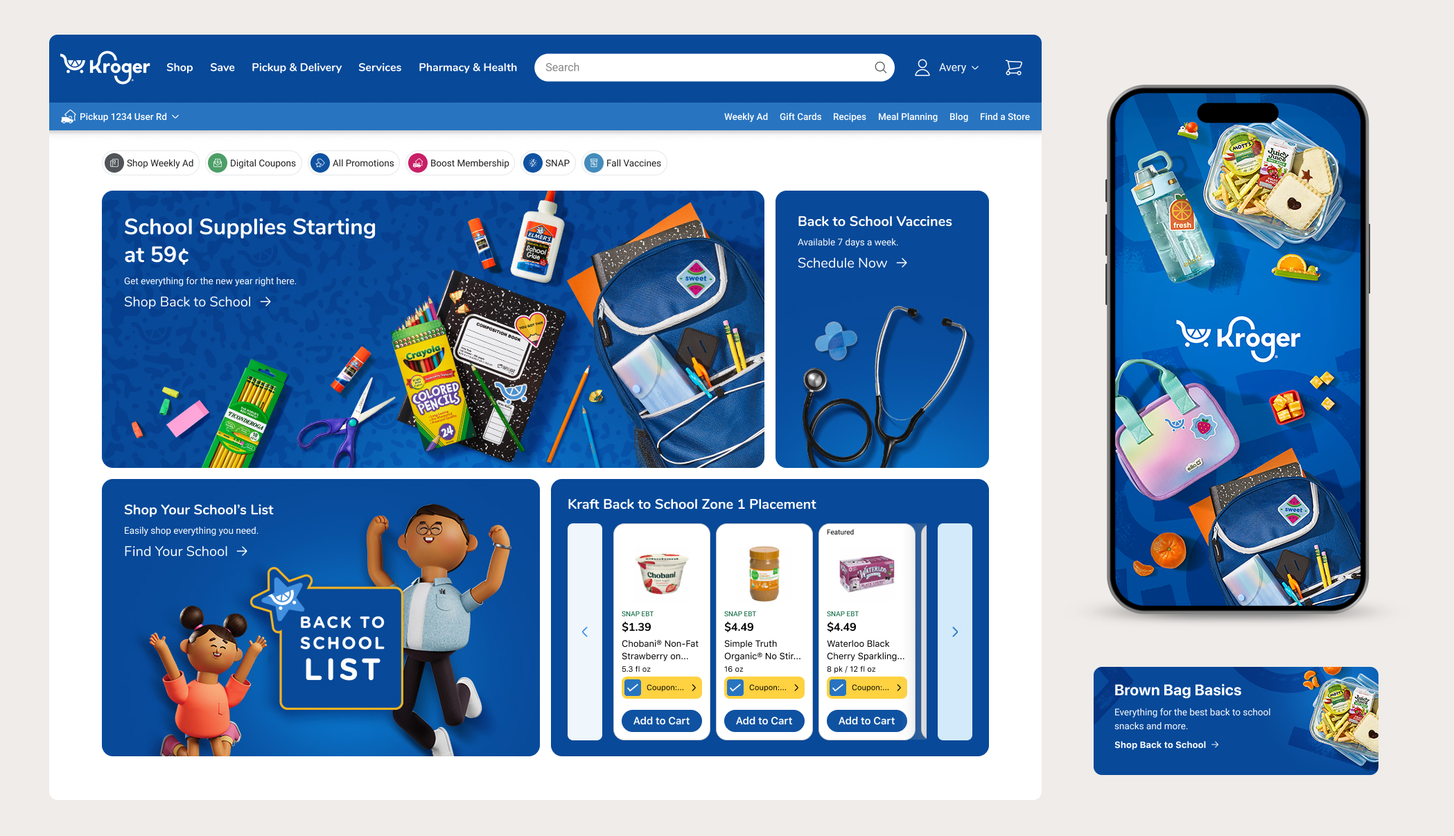 Kroger website homepage displaying back-to-school supplies and promotions on a computer screen and smartphone.