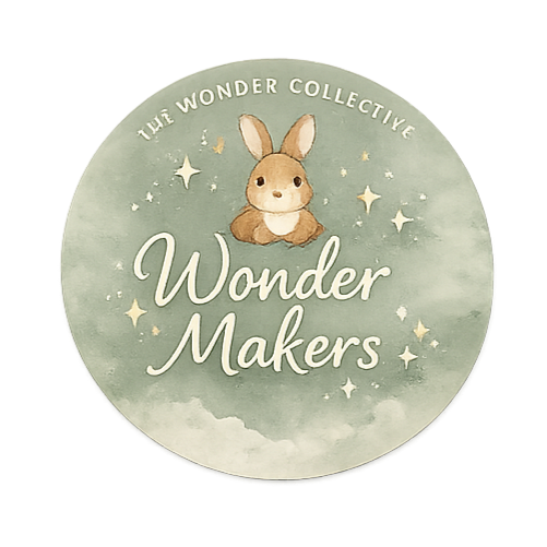 Wonder Makers logo featuring Pip Rabbit surrounded by stars and clouds on a soft pastel green background.