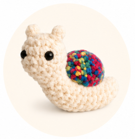 Stanley Snail, a soft crocheted snail character with a cream body, friendly face, and a colorful, rainbow-patterned shell.