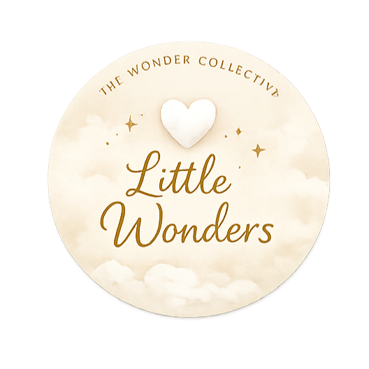Little Wonders logo with a white heart, gold stars and soft clouds in a warm neutral colour palette.
