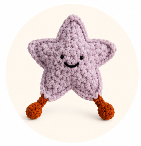 Little Star, a soft crocheted star character with a smiling face and little brown feet.