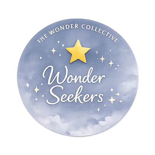 Wonder Seekers logo with a golden star and smaller stars against a deep blue night sky.