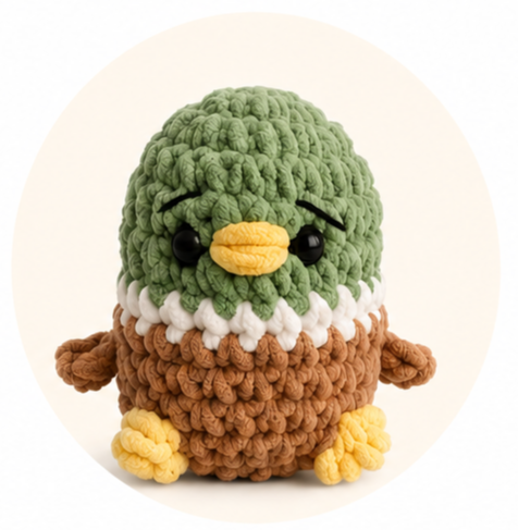 Mabel Duck, a soft crocheted duck character with a green head, brown body, yellow beak and feet and a sweet expressive face.