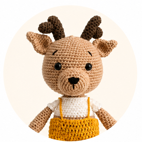 Rupert Reindeer, a crocheted reindeer with an expressive face, brown antlers, and wearing a white shirt and a yellow dungarees.