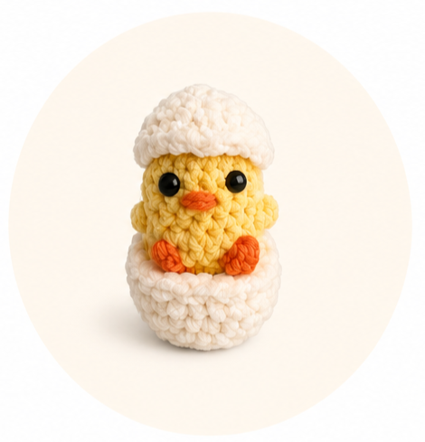 Pipkin Chick, a tiny crocheted yellow chick character, sitting inside a white eggshell.