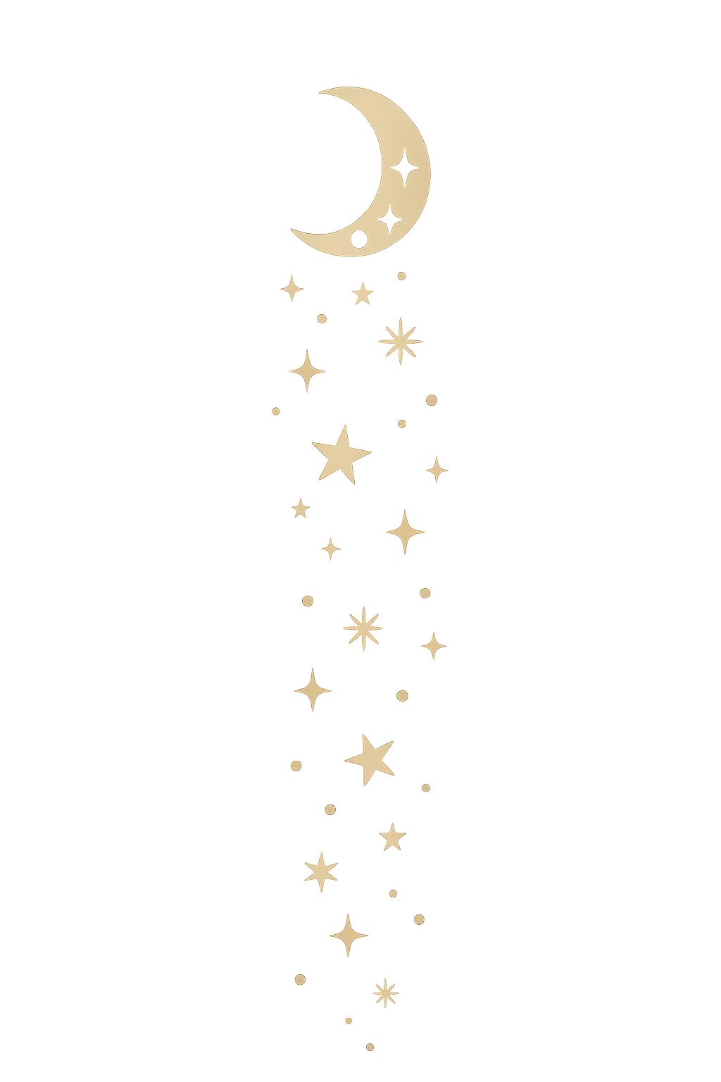 A vertical decorative design with a crescent moon and various stars and dots falling downward, all in a gold colour.
