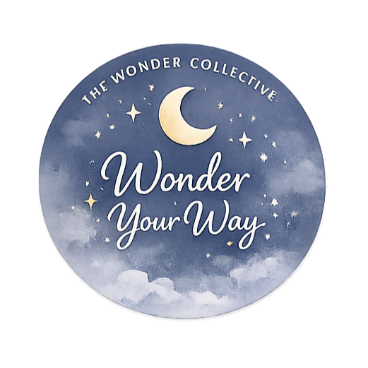 Wonder Your Way logo with a crescent moon and stars against a deep blue night sky.