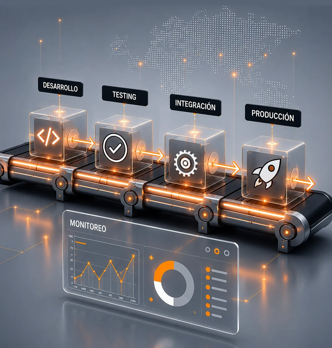 INTEGRA SOFTHOUSE - Diagrama de flujo que representa el proceso de desarrollo de software, con etapas de desarrollo, testing, integración y producción, y monitoreo de datos en un entorno tecnológico futurista.