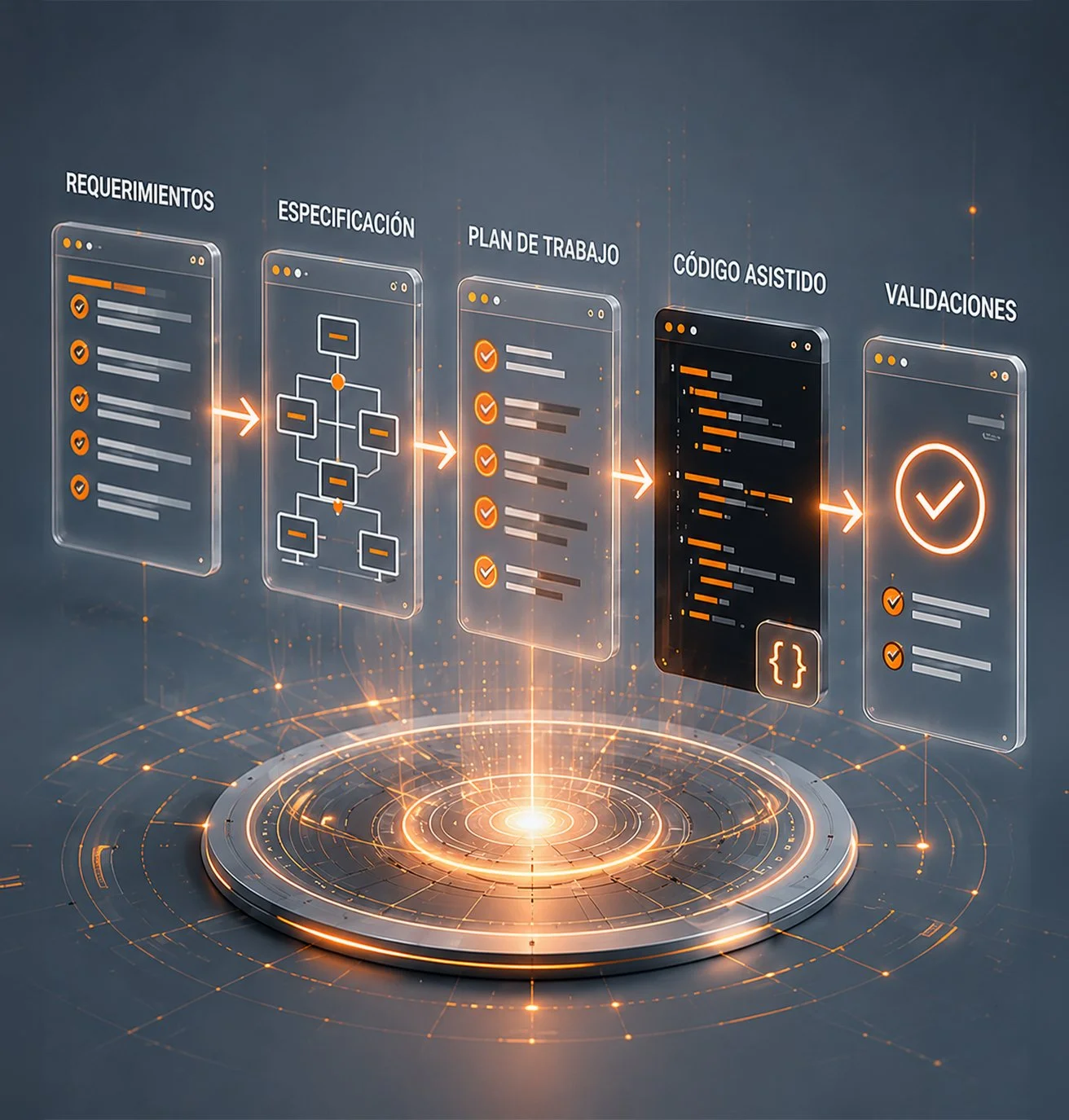 INTEGRA SOFTHOUSE - Diagrama de flujo y desarrollo de software con pasos: requisitos, especificación, plan de trabajo, código asistido, validaciones, en estilo futurista con líneas de luz y componentes tecnológicos.
