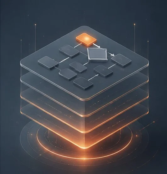 INTEGRA SOFTHOUSE - Ilustración digital de un diagrama de flujo con bloques conectados, que representan un proceso tecnológico, con efectos de luz y capas transparentes en fondo oscuro.