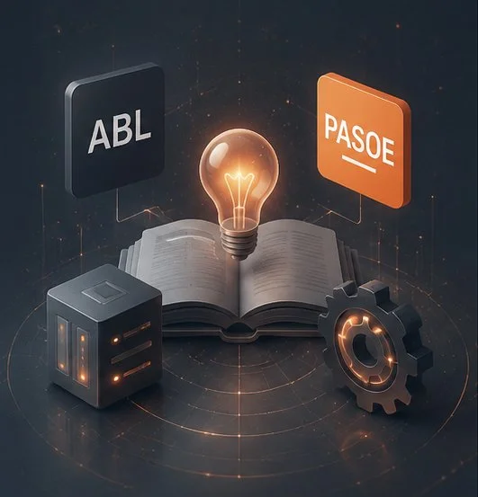 INTEGRA SOFTHOUSE - Libro abierto con una bombilla encendida en el centro, conectado a iconos de ABL y PASOE, y rodeado de tecnología como un cubo y una rueda dentada.