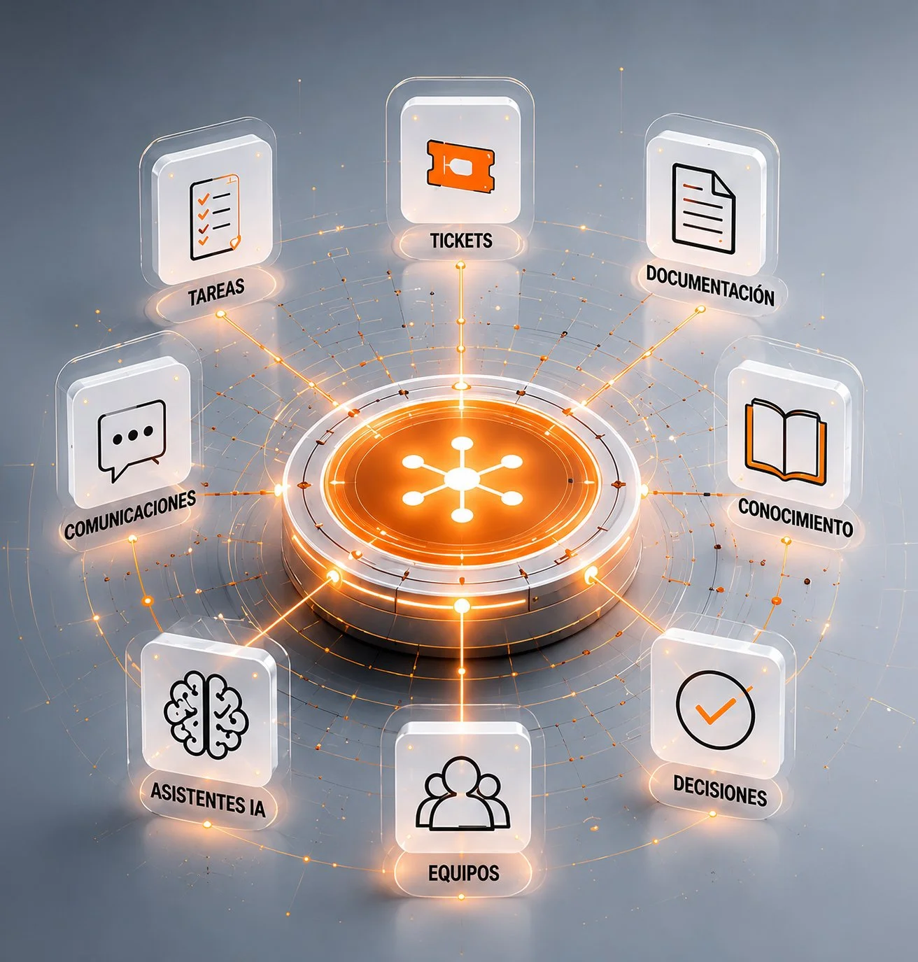 INTEGRA SOFTHOUSE - Un sistema de gestión de tareas y comunicación digital con íconos y etiquetas en color naranja y negro, incluyendo tareas, tickets, documentación, conocimiento, comunicaciones, asistentes IA, equipos, decisiones y usuario.