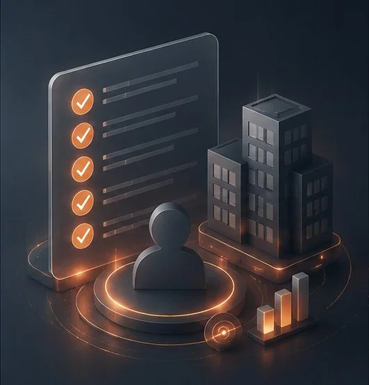 INTEGRA SOFTHOUSE - Ilustración digital de una persona, un listado con marcas de verificación y edificios, representando gestión o análisis empresarial.