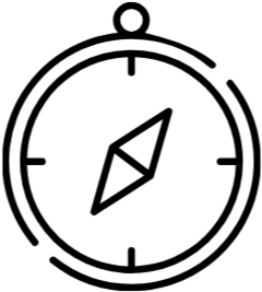 A simple line drawing of a stopwatch or timer with a compass inside.