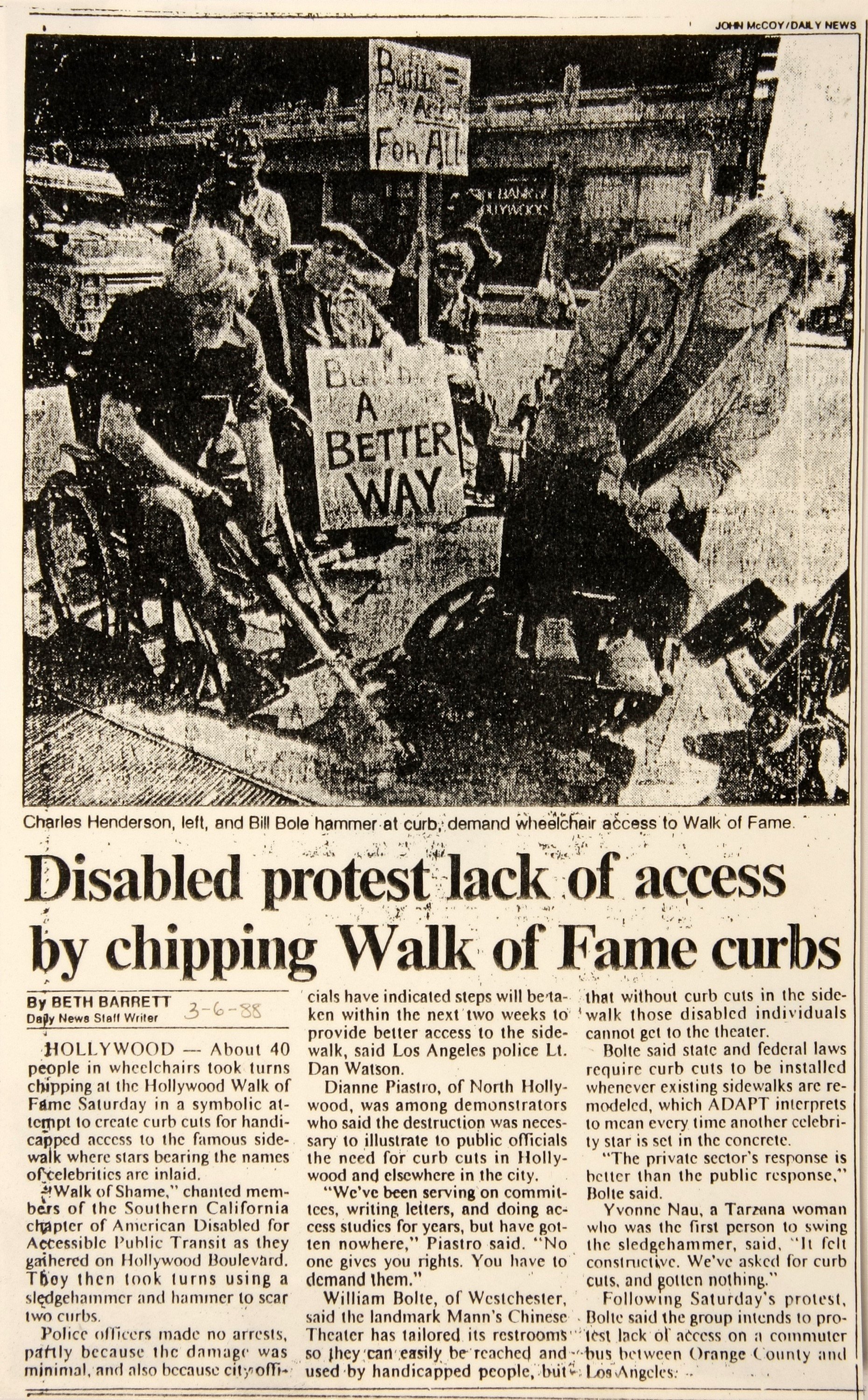 A vintage newspaper showing a historic disability rights protest, raising awareness for and campaigning for curb cuts and other accessibility rights.