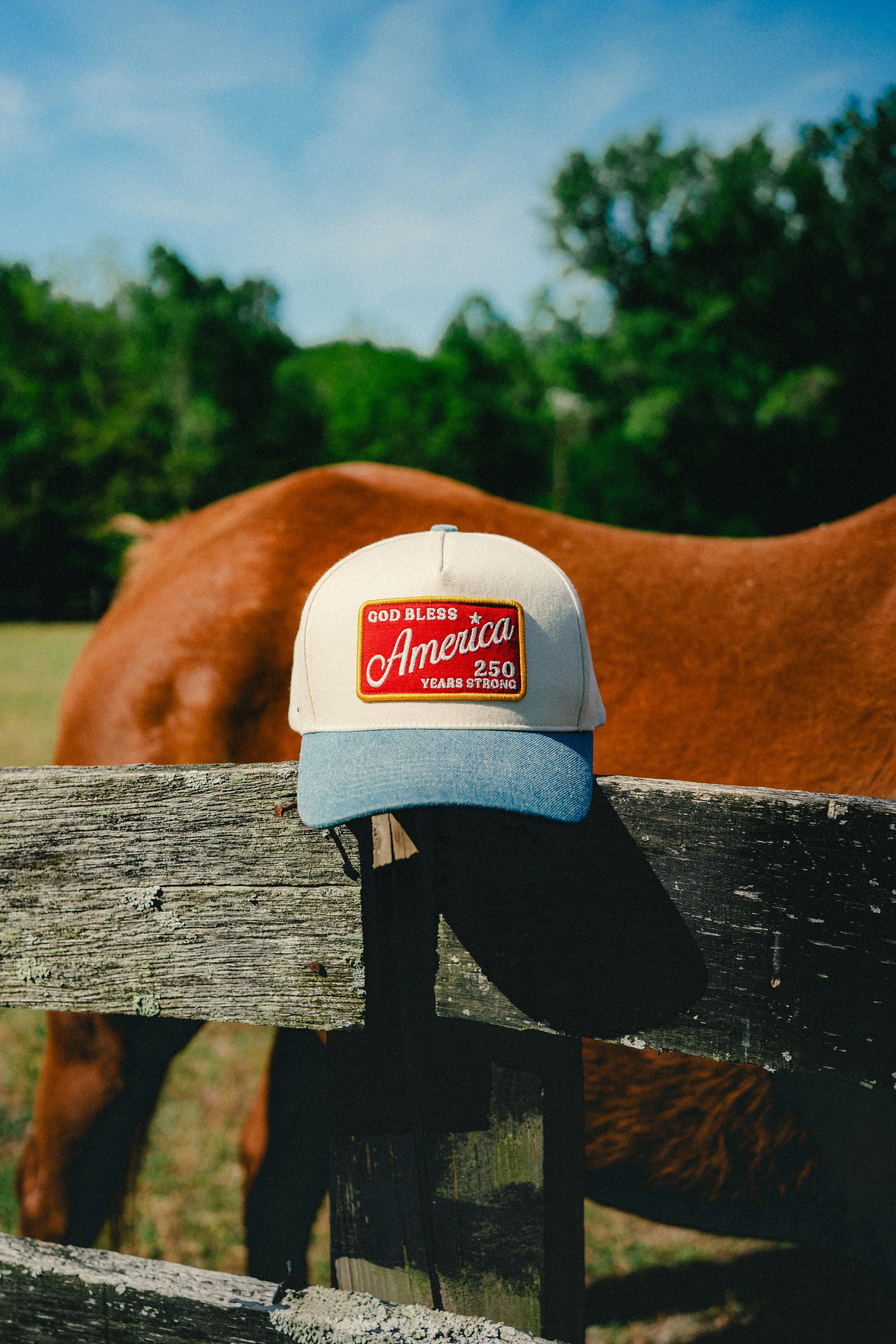 A baseball cap with the words "God Bless America 250 Years Strong" embroidered on it, placed on a weathered wooden fence with a horse in the background.