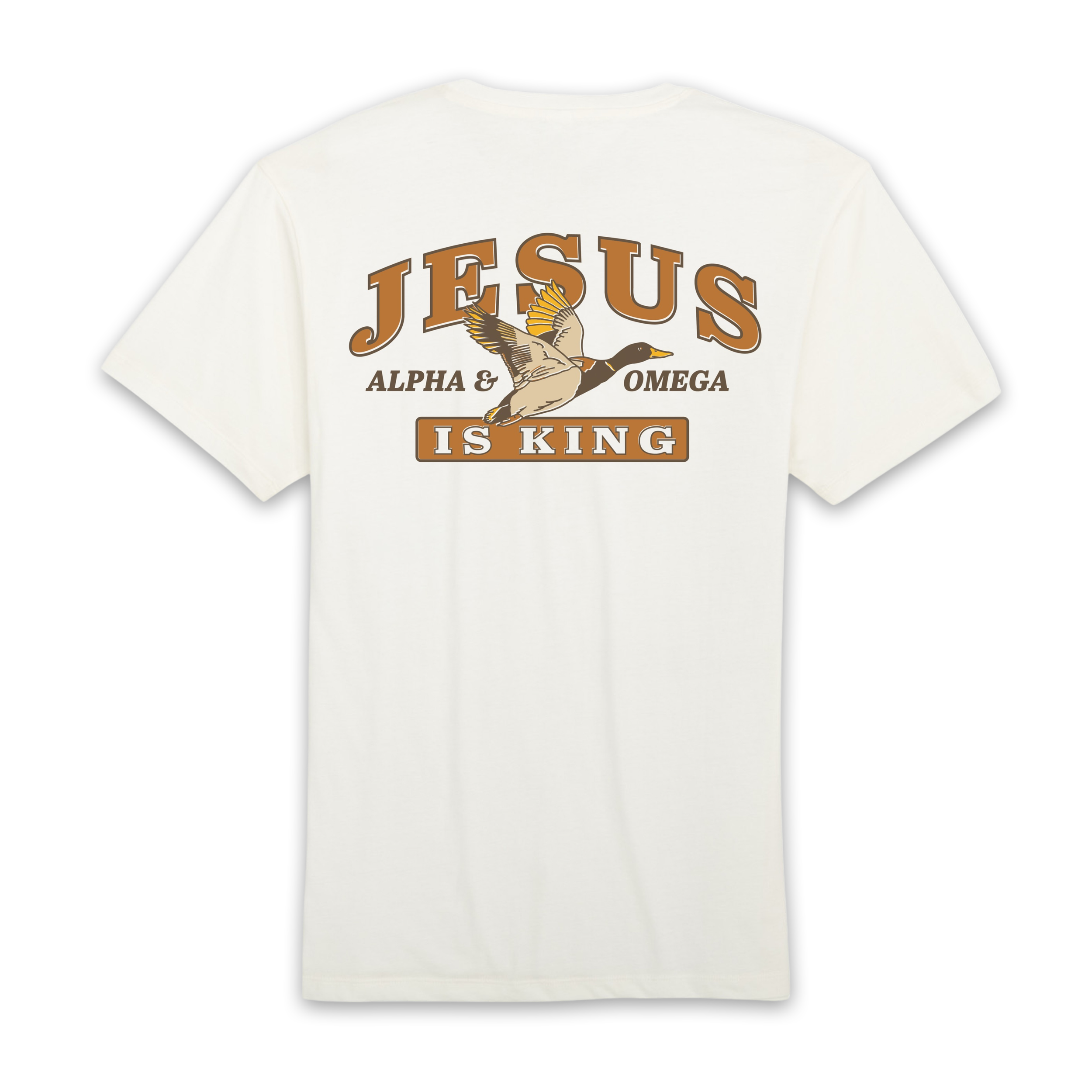 White T-shirt with text and design that reads "Jesus is King" and features an illustration of a duck with spread wings.