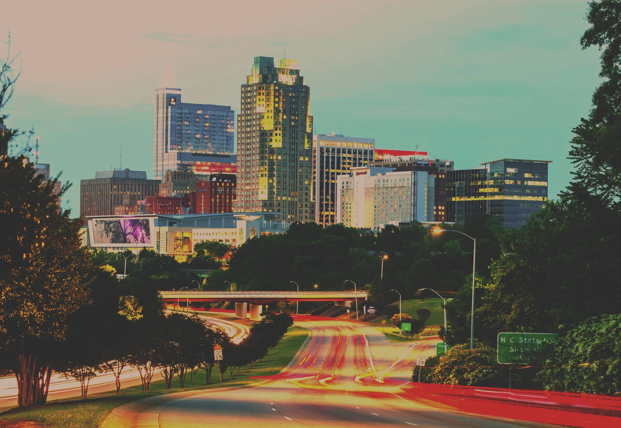 Downtown Raleigh, North Carolina skyline highlighting the home of Kaleo Company, a marketing agency specializing in brand strategy, website design, social media management, and business consulting.