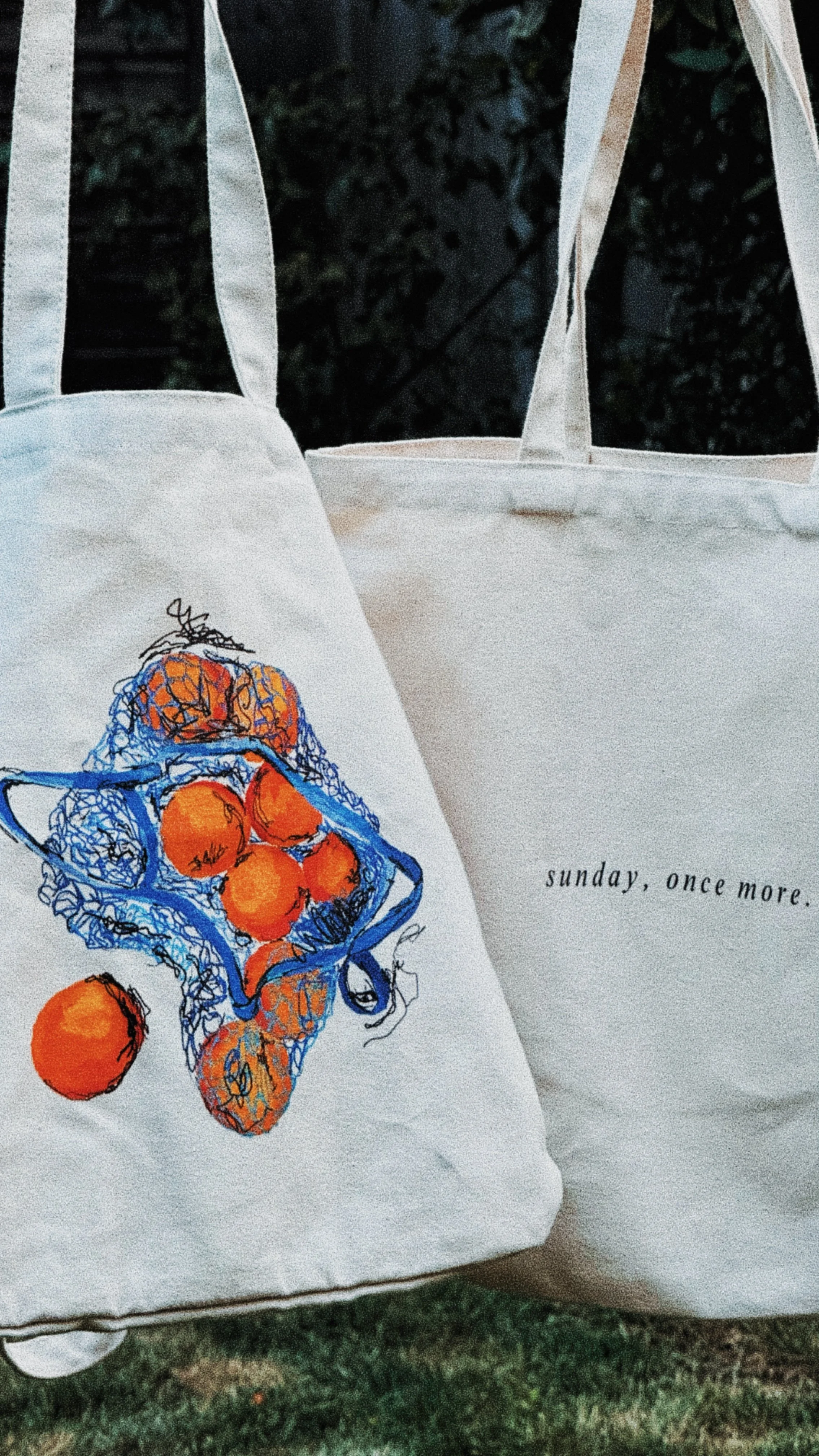 oranges in blue tote
