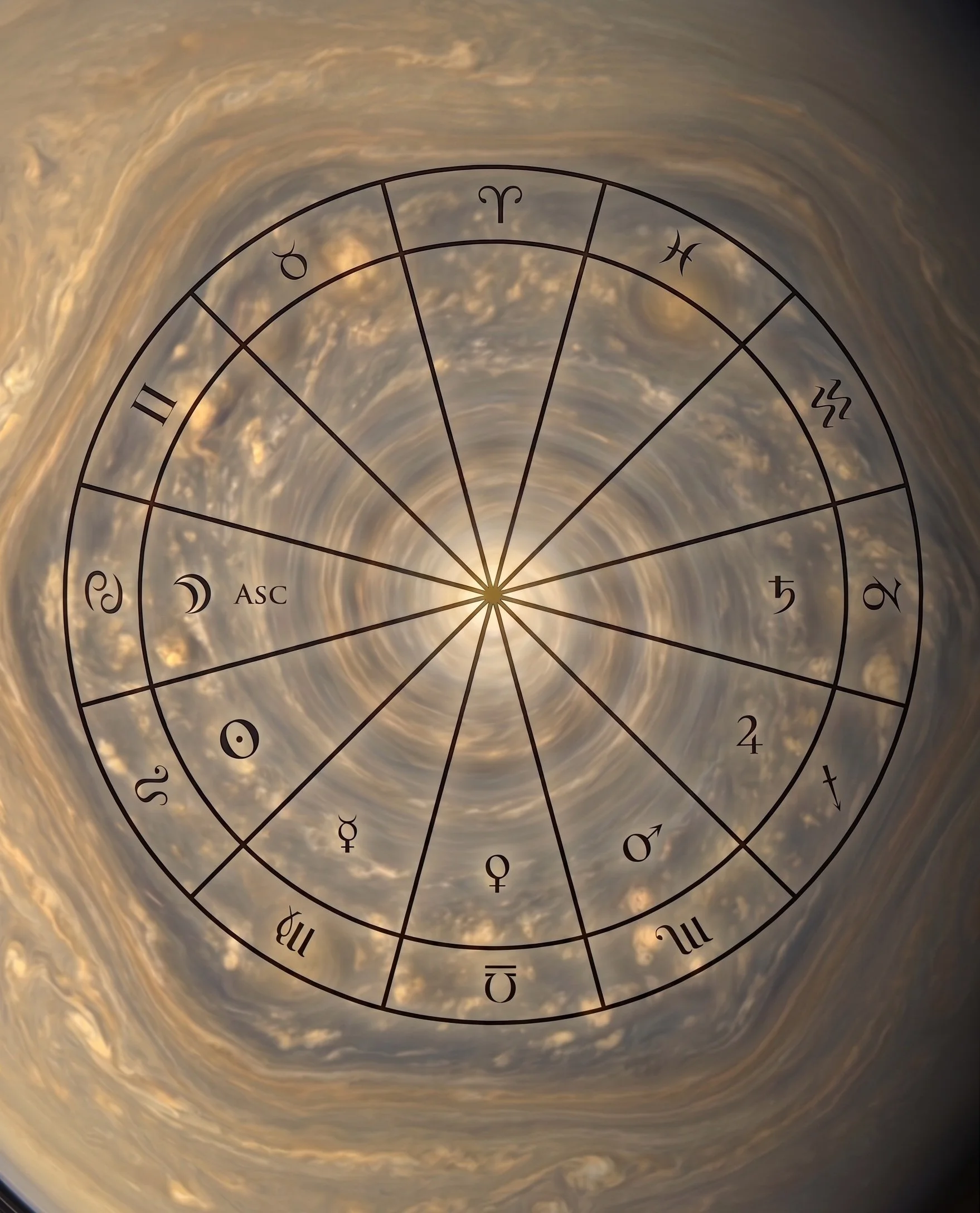 A circular zodiac chart overlay with symbols for all zodiac signs, set against a swirling, cloudy sky background with warm tones.