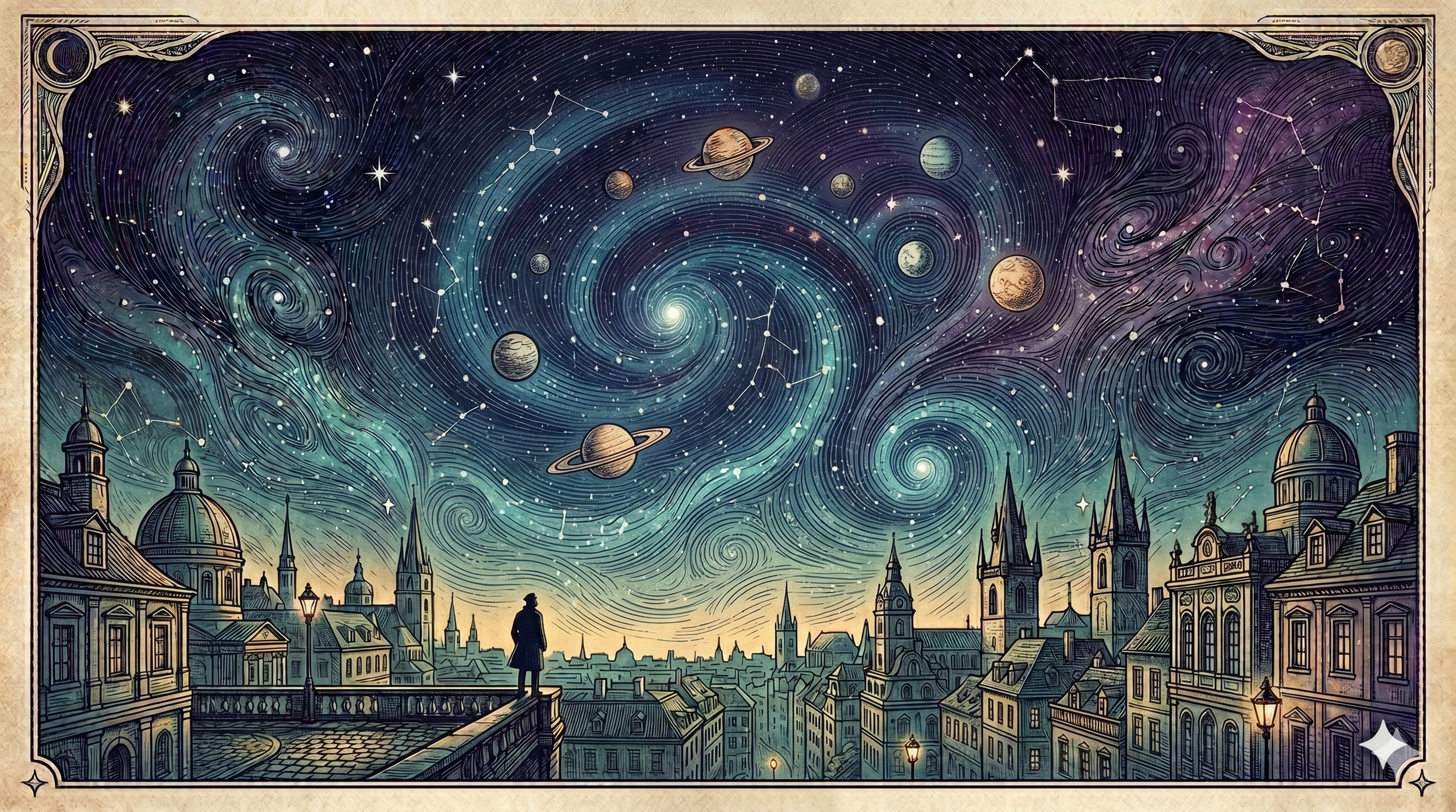 A digital illustration depicting a starry night sky with swirling patterns, planets, and constellations above a city skyline with historic buildings and spires. A silhouette of a person stands on a balcony observing the sky.