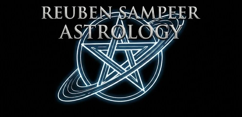 A neon-style graphic with the text "Reuben Sampeer Astrology" above a glowing pentagram and planetary ring design.