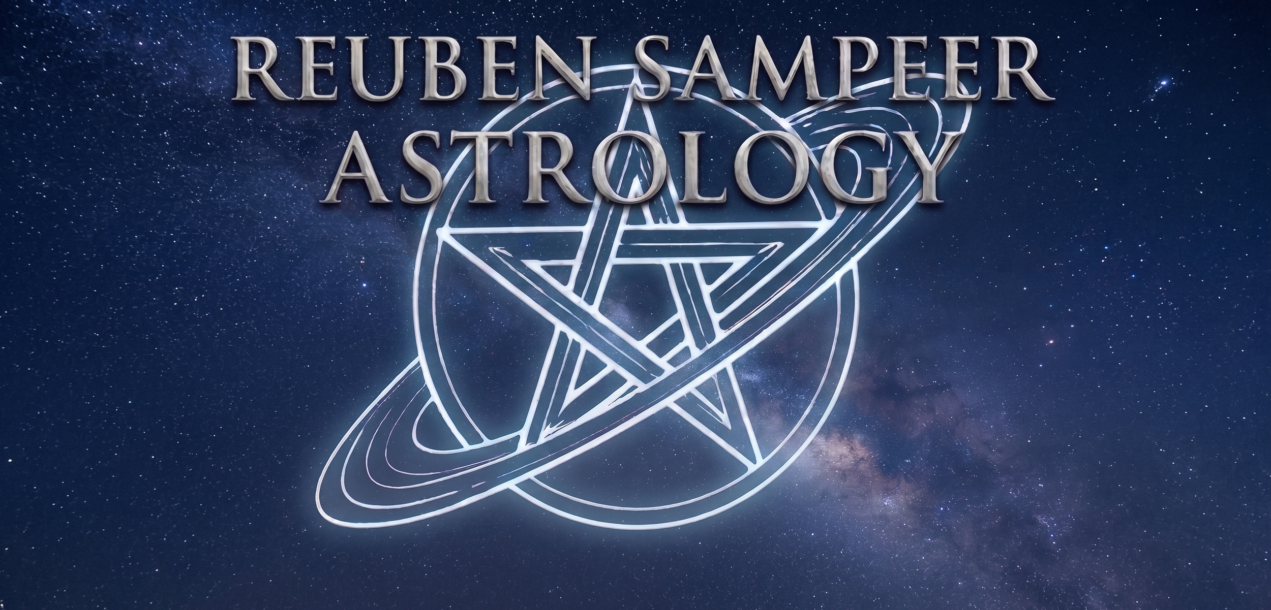Title card with the words 'Reuben-Samper Astrology' over a starry night sky background with a white geometric star and planetary orbit design.