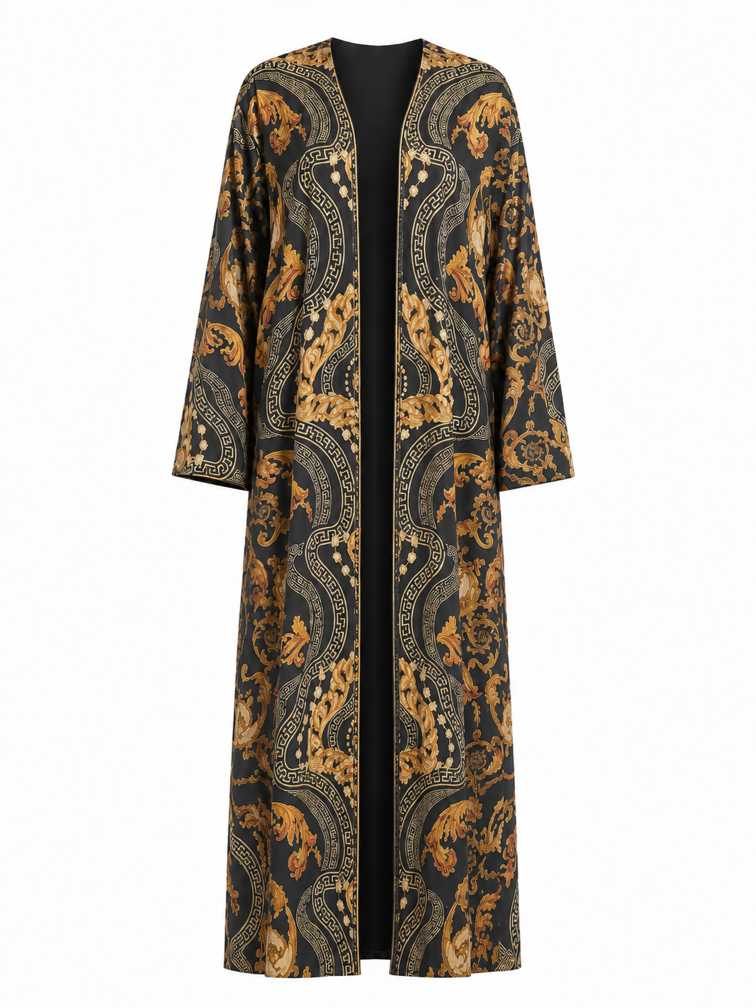 Imperial Regalia Silk Open Front Abaya with Matching Chiffon Hijab, Black & Antique Gold Baroque Print