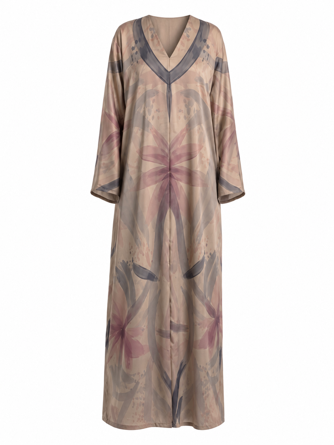 Women's Silk Open Abaya Artistic Floral Print V-Neck Trim with Matching Hijab