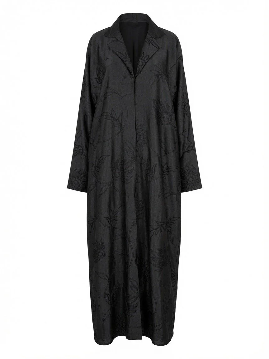 Women's Satin Finish Nida Embroidered Abaya with Black Chiffon Hijab - Floral Design, Loose Fit