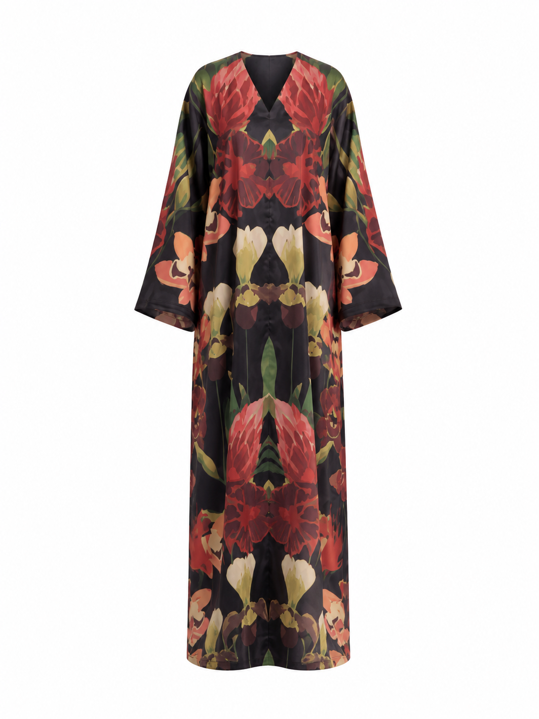 Floral Silk Abaya Set | Bold Botanical Print with Large Blossoms, Wide Sleeves & Matching Chiffon Hijab