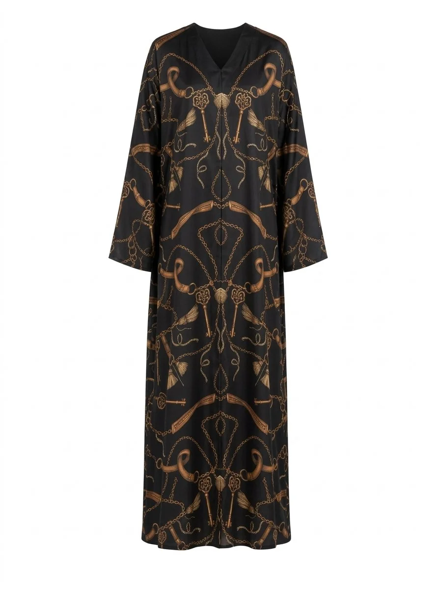 Women's Premium Silk Feel Kaftan Abaya, Brown Gold Abstract Print with Matching Hijab