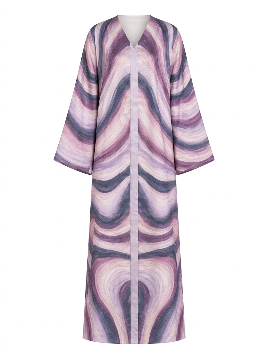 Amethyst Aura Silk Abaya with Abstract Marble Print, Lavender & Navy