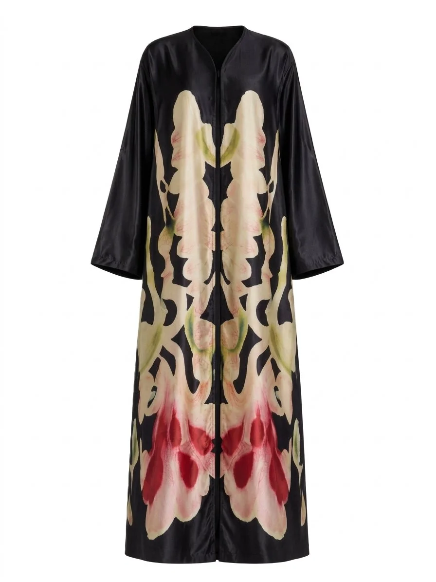 Luxury Printed Silk Abaya for Women with Matching Hijab - Floral Art Print Maxi Kaftan