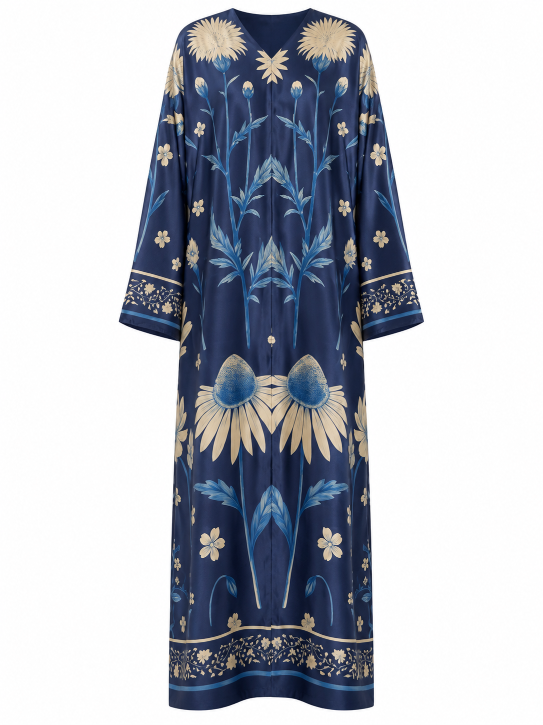 Luxury Printed Satin Silk Abaya for Women with Matching Hijab – Royal Blue Floral Art Print