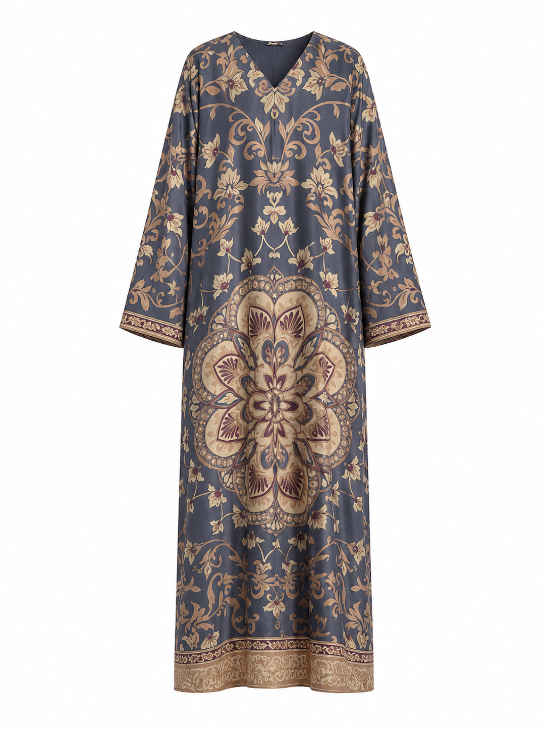 Royal Mosaic Silk Abaya with Matching Chiffon Hijab, Slate Blue & Champagne Gold Print