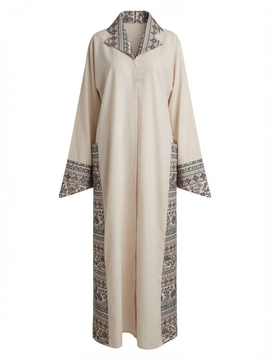 Women's Linen Embroidered Collared Abaya with Matching Hijab and Pockets - Cream/Beige