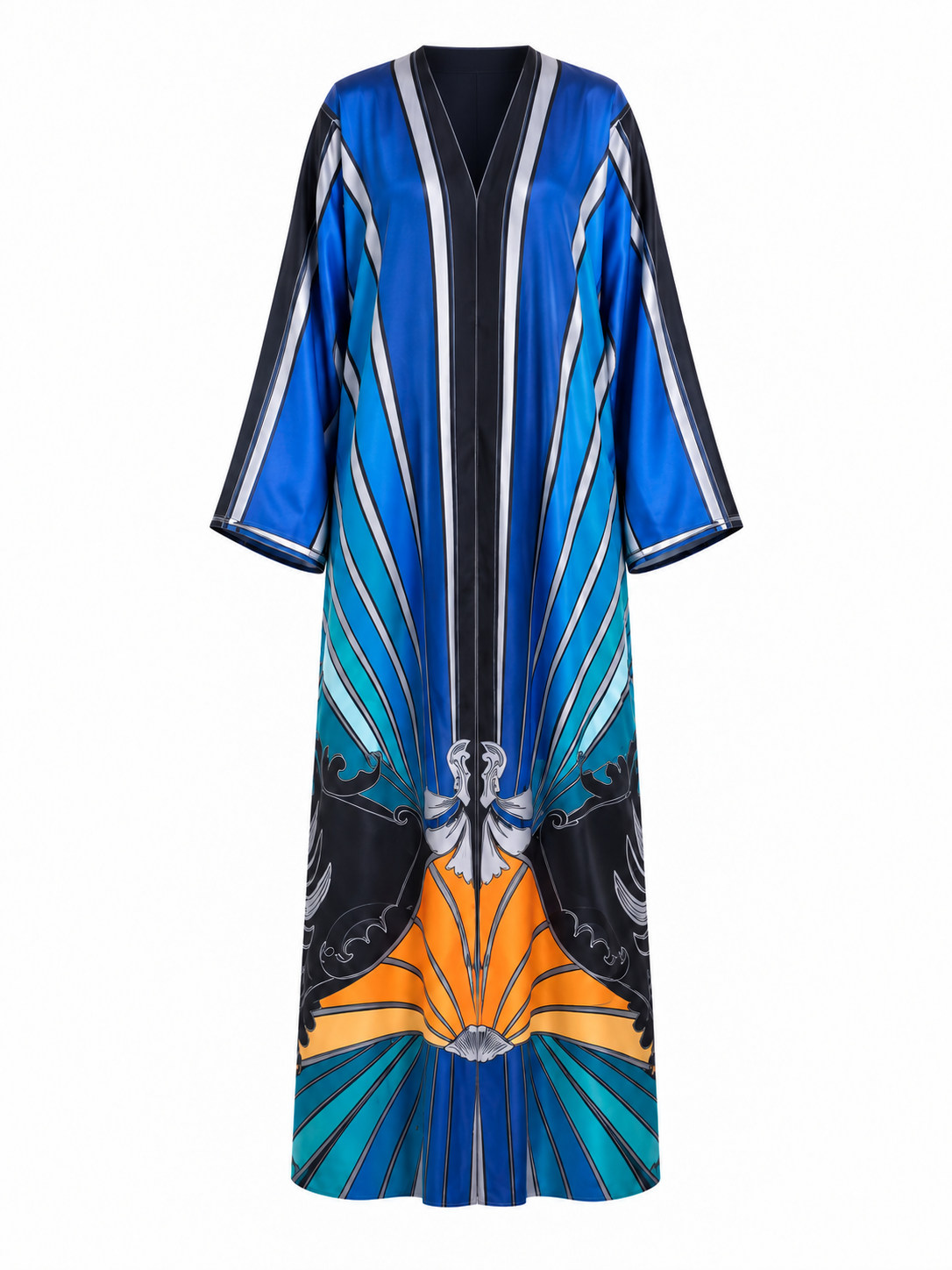Blue Graphic Print Silk Abaya Set | Statement Radiating Motif in Royal Blue, Turquoise & Orange with Wide Sleeves & Matching Chiffon Hijab
