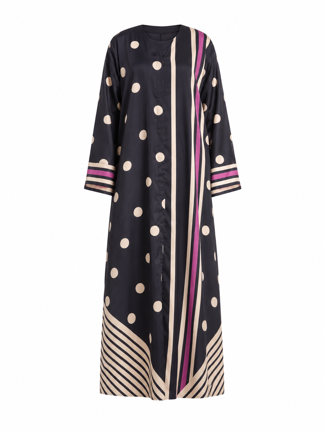 Black & Beige Polka Dot Silk Abaya Set – Contrast Stripe Design with Magenta Accent & Matching Chiffon Hijab